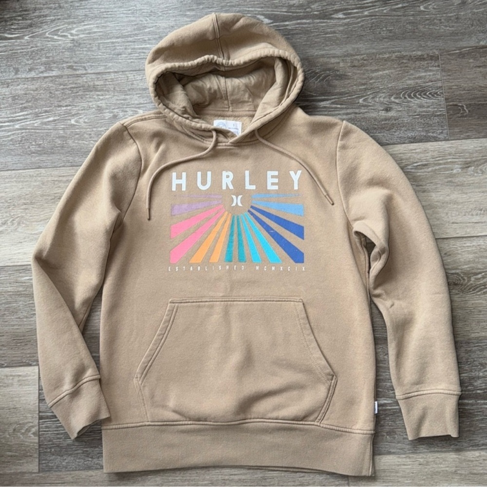 Hurley Mens Pullover Hoodie Size Small - Khaki Starburst‎ Graphic Est MCMXCIX